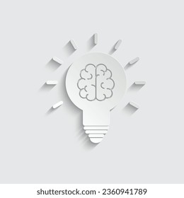 papel Bombilla con vector de icono cerebral. Icono de idea, pensamiento, concepto de solución. 