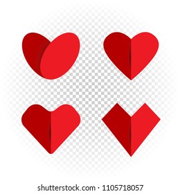 Paper like love heart set on transparent background. Origami hearts colletion. Romantic Valentine day sign synbol icon