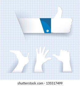 Paper like thumb up gesture and other paper cutted signs. Vector.