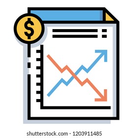 Paper with line chart and dollar icon vector illustration in line color design