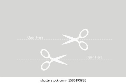 Paper line cut here symbol purpose of cut this out. Cut here icon slitting vector open from here. Open from here or open icon sign for paper line cut give an instructions open for remove label.