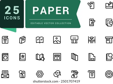 Paper line icons set. Related to flyer leaflet, catalogue, booklet, magazine, letterhead. Pixel perfect, minimalistic web and UI icon. Outline icon collections.