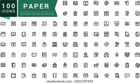 Paper line icons set. Related to flyer leaflet, catalogue, booklet, magazine, letterhead. Pixel perfect, minimalistic web and UI icon. Outline icon collections.