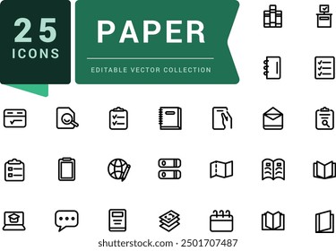 Conjunto de iconos de línea de papel. Relacionado con folleto, catálogo, folleto, revista, membrete. Pixel perfecto, Web minimalista e icono de interfaz de usuario. Colecciones de iconos de esquema.