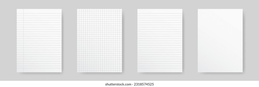 Paper lines collection. Realistic checkered sheet. White paper blank with shadow. Note book lined mockup. Document or letter template. Empty page concept. Vector illustration.