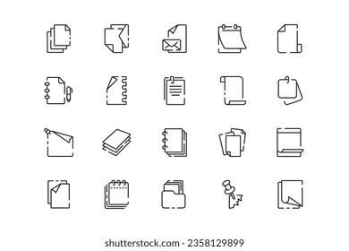 Juego de iconos de líneas de papel. Géneros y atributos de papel. Diseño lineal. Líneas con trazo editable. Iconos vectoriales aislados.