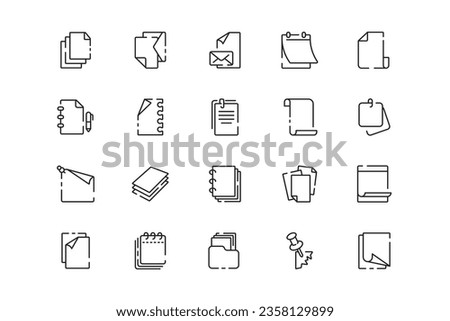 Paper lines icon set. Paper genres and attributes. Linear design. Lines with editable stroke. Isolated vector icons.