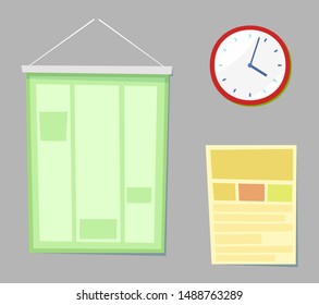 Paper List And Clock Hanging On Grey Wall, Element Of School. Classroom Objects, Knowledge Accessories, Watch And Colorful Card, Teaching Sign. Vector Illustration In Flat Cartoon Style