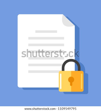 Paper list document with lock. Personal data information protection concept. Vector flat cartoon graphic design isolated illustration