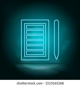Paper list, pencil blue neon vector icon. Simple element illustration from map and navigation concept. Paper list, pencil blue neon vector icon. Real estate concept vector illustration.