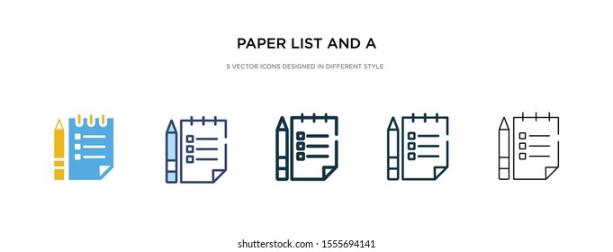 paper list and a pencil icon in different style vector illustration. two colored and black paper list and a pencil vector icons designed in filled, outline, line stroke style can be used for web,