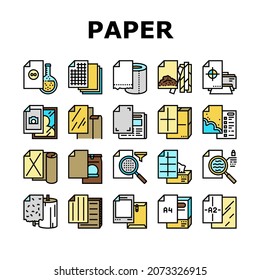 Paper List For Printing Poster Icons Set Vector. Filter And Tissue Paper, Photographic And With Watermarked, For Wrapping Tobacco And Make Cigarette, A2 And A4 Format Sheet Line. Color Illustrations