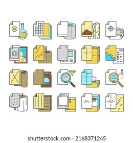 Paper List For Printing Poster Icons Set Vector. Filter And Tissue Paper, Photographic And With Watermarked, For Wrapping Tobacco And Make Cigarette, A2 And A4 Format Sheet Line. Color Illustrations
