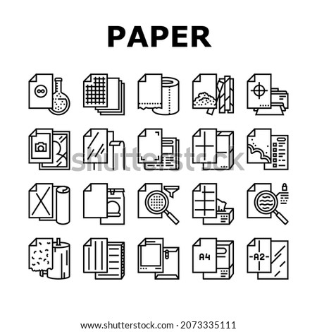 Paper List For Printing Poster Icons Set Vector. Filter And Tissue Paper, Photographic And With Watermarked, For Wrapping Tobacco And Make Cigarette, A2 And A4 Format Sheet Black Contour Illustrations