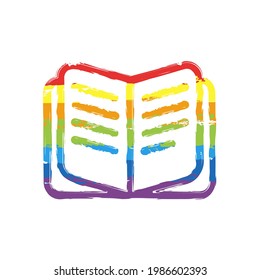 Papel, libro de literatura, historia publicada. Signo de dibujo con estilo LGBT, siete colores arcoiris (rojo, naranja, amarillo, verde, azul, índigo, violeta)