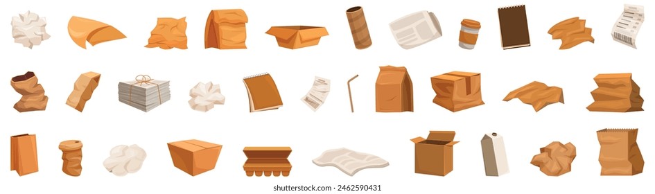 Paper litter vector. A collection of various items, including paper, cardboard, and trash, are scattered across the image