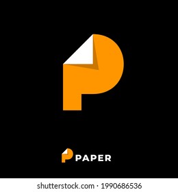 Paper logo. Yellow P monogram. Letter P with bended corner like document blank.  Emblem for paper factory, paper plant, online shop, label or packaging.