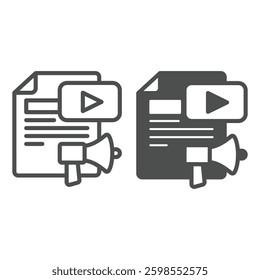 Paper with loudspeaker and video line and solid icon, exhibition concept. Vector graphics. Promotion contract, document sign on white background, outline style icon for mobile or web design