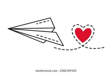Paper love airplane doodle style Hand drawn trendy flat style love isolated icon Romantic symbol of love for web graphic design poster tattoo Valentines Day Greeting card line art Vector illustration