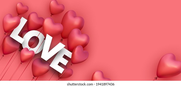 Paper love sign with red heart balloons. Valentine's Day poster, banner, card. Space for text. Vector illustration.