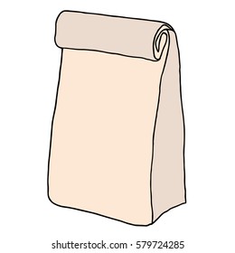 Paper lunch bag. Hand drawn sketchy craft paper food bag. Vector illustration.