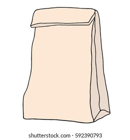 Paper lunch bag. Hand drawn sketchy craft paper food bag. Take away vector illustration.