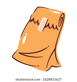 Paper lunch bag in light brown color with folded top and tape seal, shown in a cartoon doodle style. Vector illustration with paper bag for food delivery, takeout packaging, or school lunch designs.