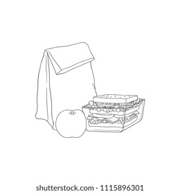 Paper Lunch Bag And Sandwich In Plastic Container With Apple For School Or Work Break In Sketch Style Isolated On White Background - Hand Drawn Vector Illustration Of Lunchbox With Food.