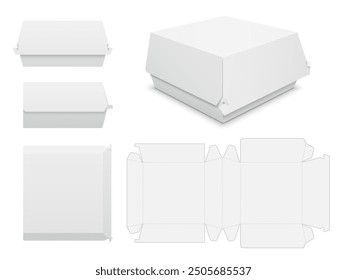 Paper lunch box for hamburger, sandwich or other fastfood. Set of various views with die cut template. Vector realistic packaging mockup isolated on white background.