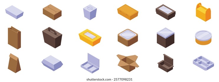 Paper lunchbox icons set. Different types of packaging for food delivery are displayed, showcasing containers for various takeout meals