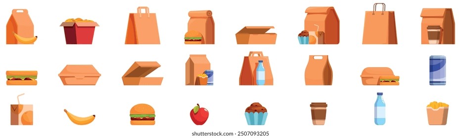 Paper lunchbox icons set. Variety of cardboard packaging for takeaway food and drinks is shown, perfect for illustrating the concept of food delivery services