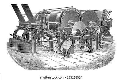 Máquina de papel con tres cilindros, ilustración vintage grabada. Enciclopedia Industrial - E.O. Lami - 1875