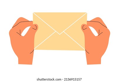 Sobre de papel en mano sobre fondo blanco. Comunicación remota, correspondencia. Ilustración vectorial plana aislada en fondo blanco