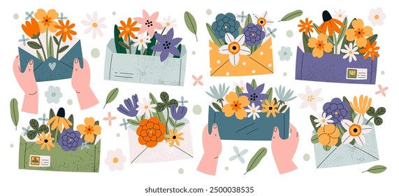 Paper mail envelopes with bouquets of flower blossoms inside isolated set for birthday or holiday congratulation. Romantic gift on valentines or mothers day, wedding postcards vector illustration