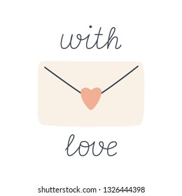 Paper Mail with heart vector hand drawn print and inscription with love. Doodles illustration for Happy Valentine's Day postcard