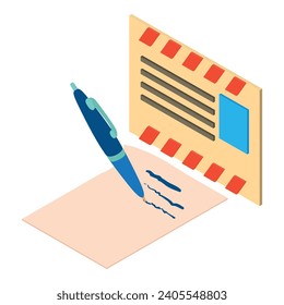 Paper mail icon isometric vector. Pen writing on paper sheet and closed envelope. Correspondence concept