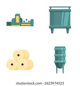 Paper making icons set cartoon vector. Modern equipment for paper production. Automated process