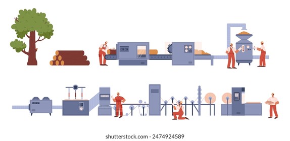 Paper making process. Vector illustration of factory equipment and workers producing paper sheets. Converting wood into paper. Flat design isolated on background.