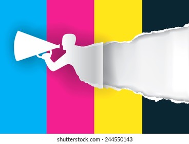Paper male silhouette advertises color printing with megaphone with place for your text or image.  Concept for presenting of paper or color printing press. Vector illustration. 