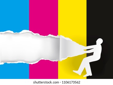 Paper male silhouette ripping paper with print colors. Concept for presenting color printing.Place for your text or image. Vector available.