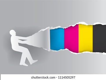 
Paper male silhouette ripping paper with print colors.
Concept for presenting color printing.Place for your text or image. Vector available. 