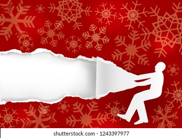 
Paper male silhouette ripping red Christmas Paper Background.
Illustration of paper male silhouette with torn paper with snowflakes. Christmas promotion background.  Place for your text or image. Vec