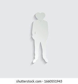 Papiermann mit Herz statt Kopf. Geschäftsmann-Ikone. Mann Silhouette.  