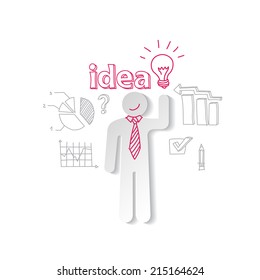 Paper man, light and word idea on the background of business graphs.