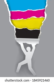 Paper man silhouette ripping paper with print colors.
Concept for presenting color printing. Banner template. Vector available.
