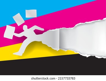 

Paper man silhouette ripping paper with print colors and throwing papers.
Concept for presenting color printing. Banner template. Vector available.