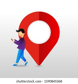 Paper of Man standing lean against the big pin. Check in origami. vector art and illustration.