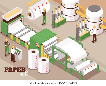 Paper manufacturing automated operator controlled process isometric composition with pulping pressing drying sheet forming machinery vector illustration            