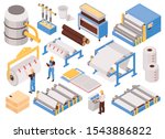 Paper manufacturing automated process machinery isometric set with pulping pressing drying sheet forming packaging isolated vector illustration 