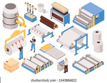 Paper Manufacturing Automated Process Machinery Isometric Set With Pulping Pressing Drying Sheet Forming Packaging Isolated Vector Illustration 